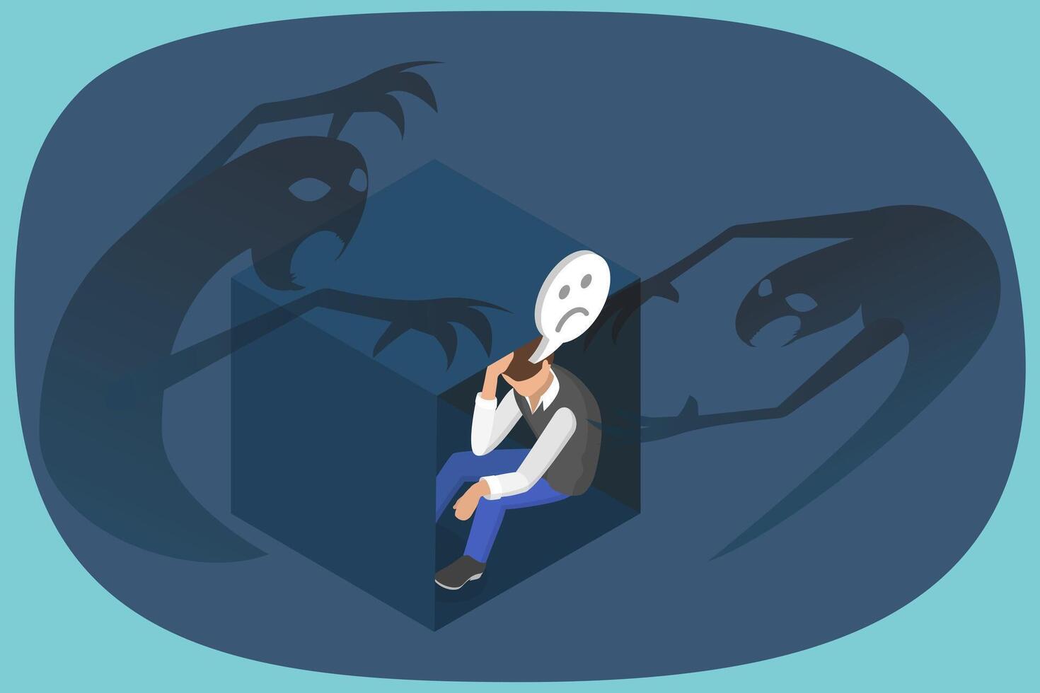 3D Isometric Flat Illustration of Scary and Depressed Person, Anxiety and Phobia vector