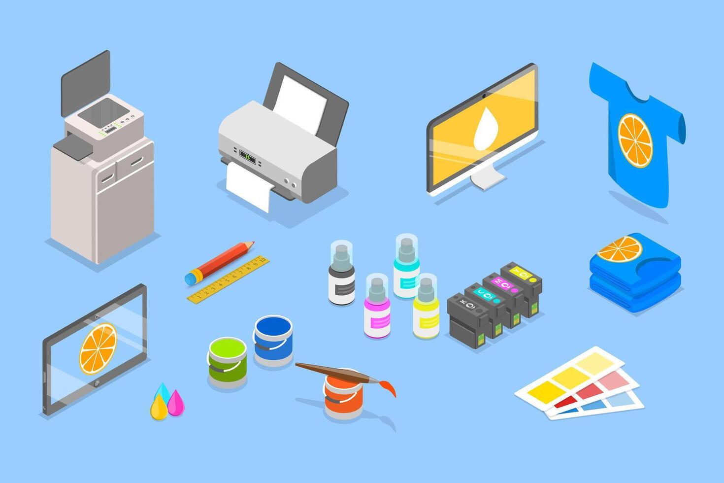 3D Isometric Flat Set of Items For Printing , T-shirt Printing Specialized Equipment vector