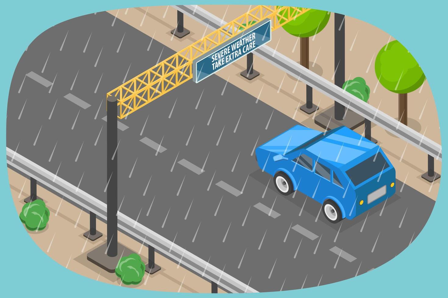 3D Isometric Flat Illustration of Bad Weather Driving Conditions, Drive Safely in the Rain Season vector