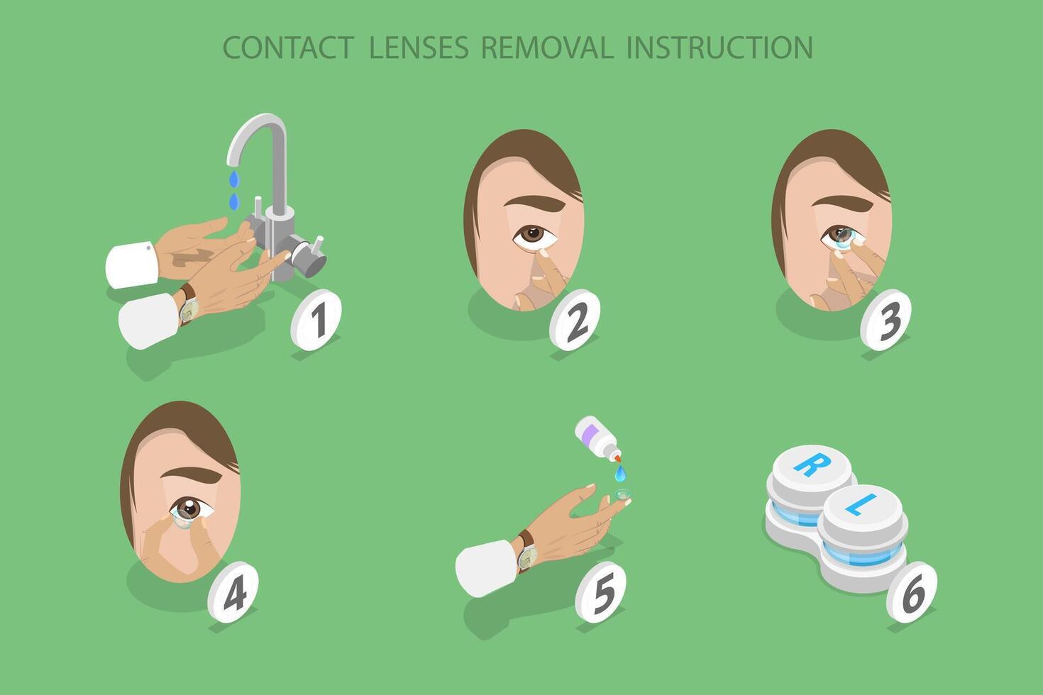3D Isometric Flat Illustration of Contact Lenses Removal Instruction, Ophtalmology and Eye Care vector