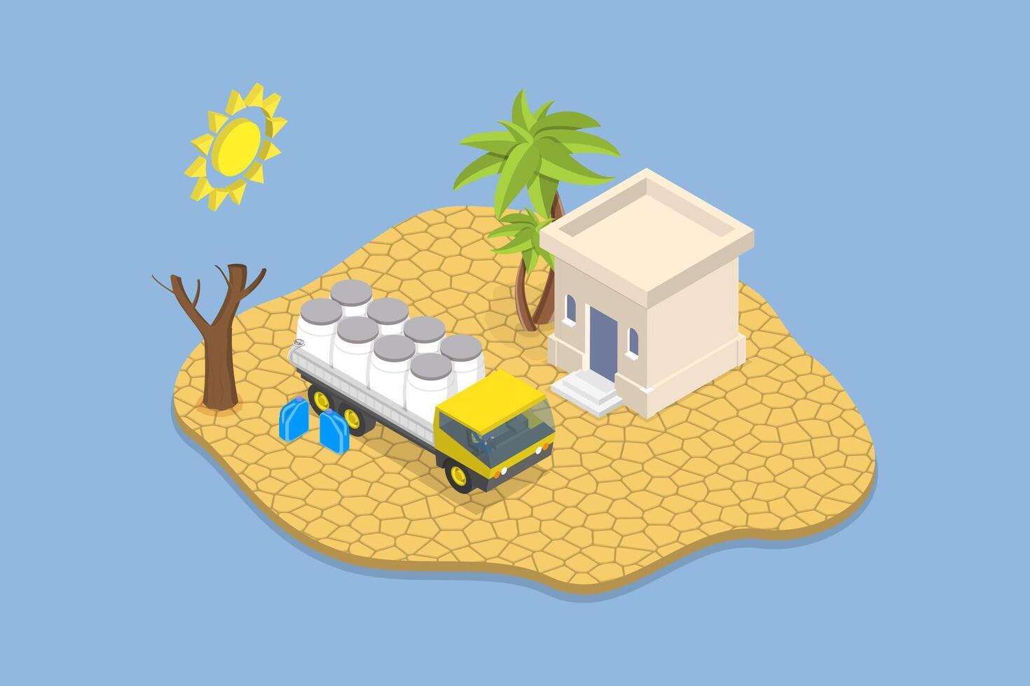 3D Isometric Flat Illustration of Global Earth Climate Problem, Car With Water Aid vector