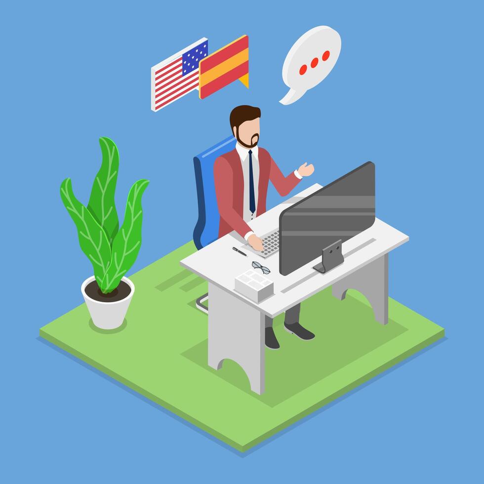 3D Isometric Flat Illustration of Professional Interpreter, Translation Services vector