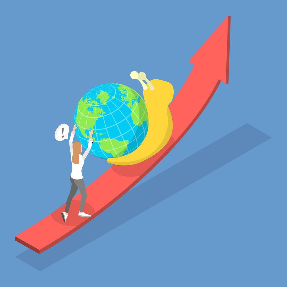 3D Isometric Flat Illustration of Global Economic Slowdown, World GDP Growth Decline vector