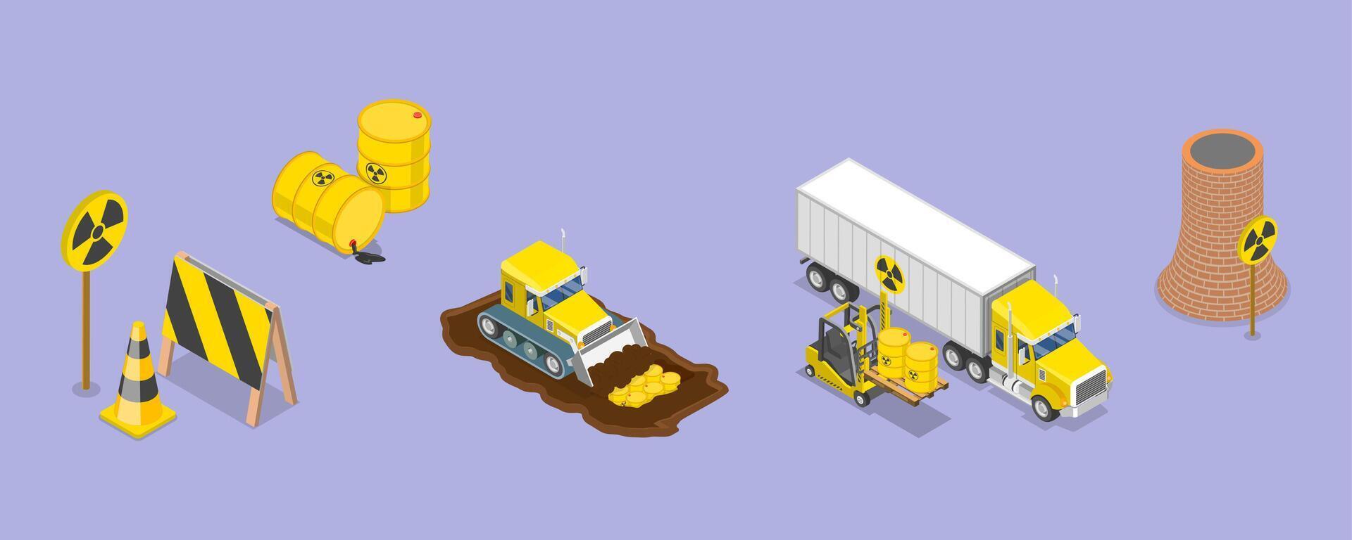 3D Isometric Flat Set of Radioactive Waste Items, Hazardous Waste Management vector