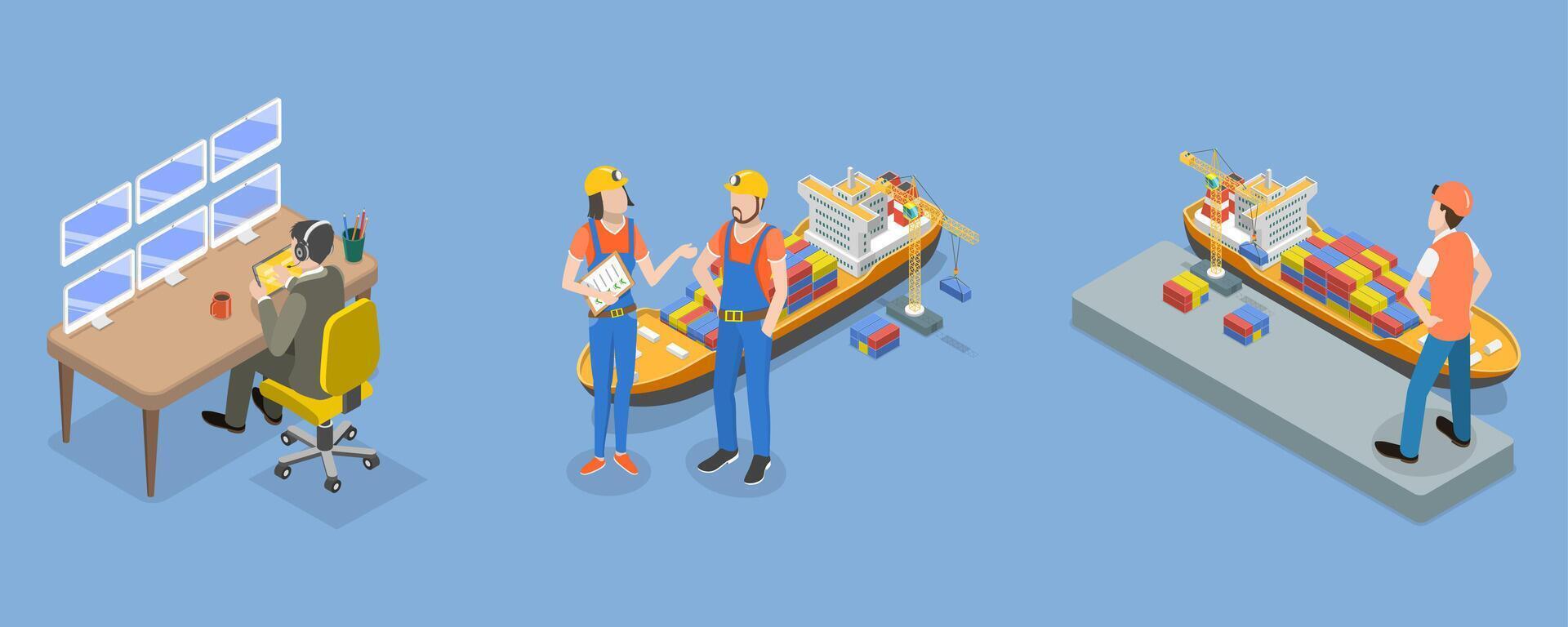 3D Isometric Flat Illustration of Sea Port Checkpoint , Freight Transportation and Delivery vector
