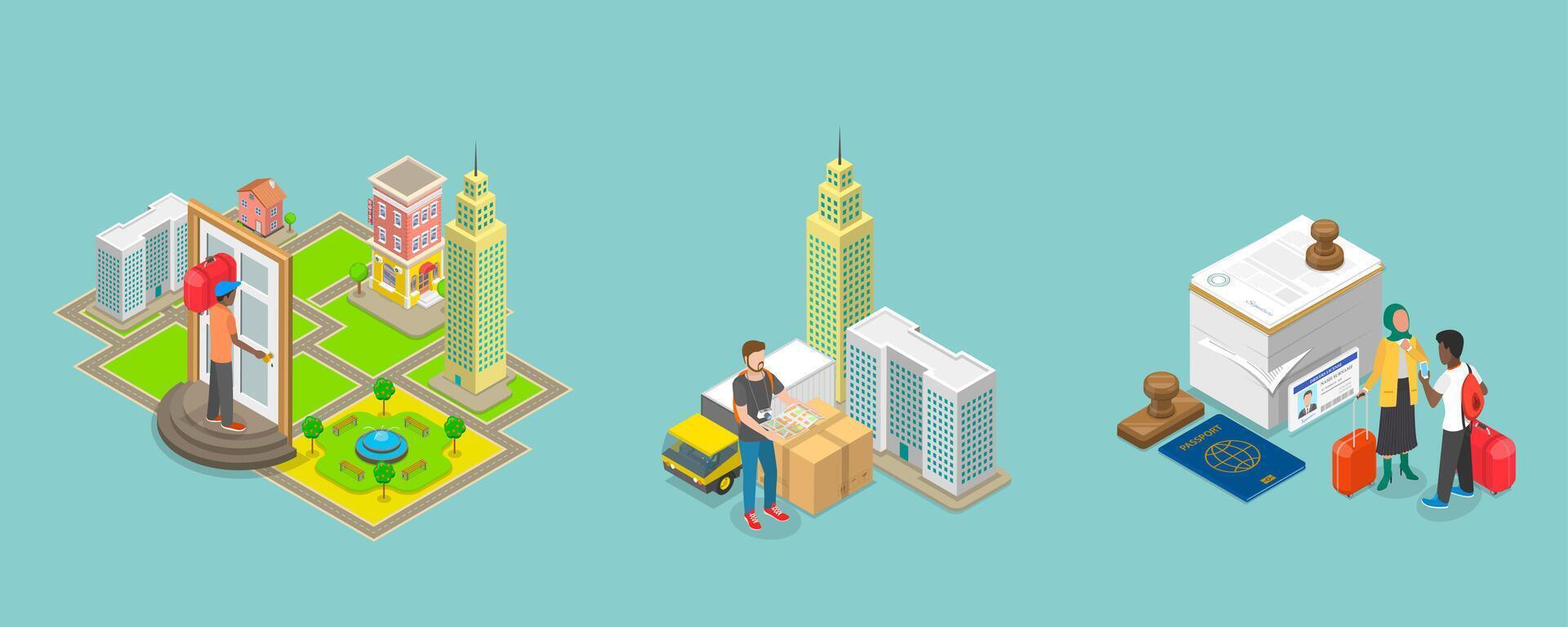 3D Isometric Flat Illustration of Residence Permit, Legal Document for Foreigners and Immigrants vector