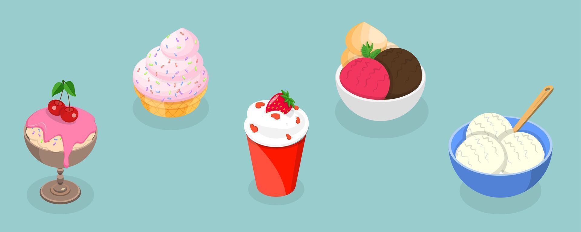 3D Isometric Flat Set of Ice Creams, Collection of Cold Sweet Desserts vector