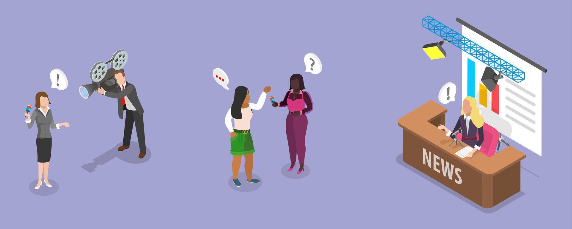 3D Isometric Flat Illustration of Mass Media, Interview and Media Event vector