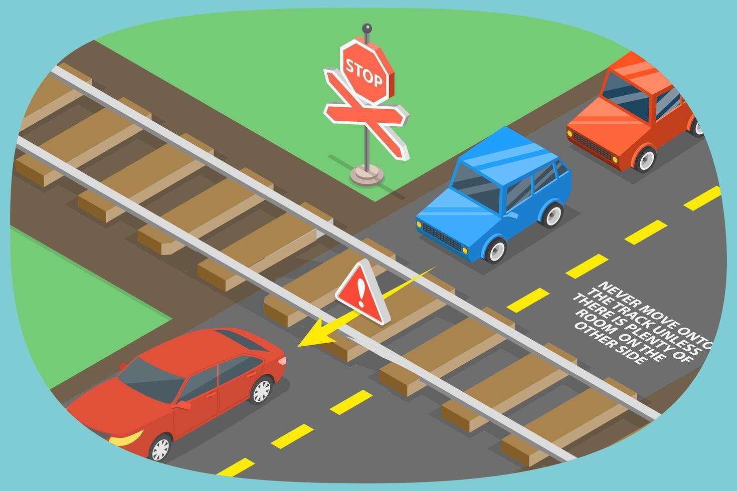 3D Isometric Flat Illustration of Railway Crossing, Road Safety Rules vector