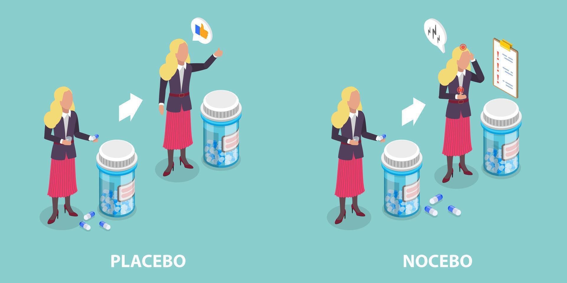 3D Isometric Flat Illustration of Placebo And Nocebo, Medicine Side Effects vector