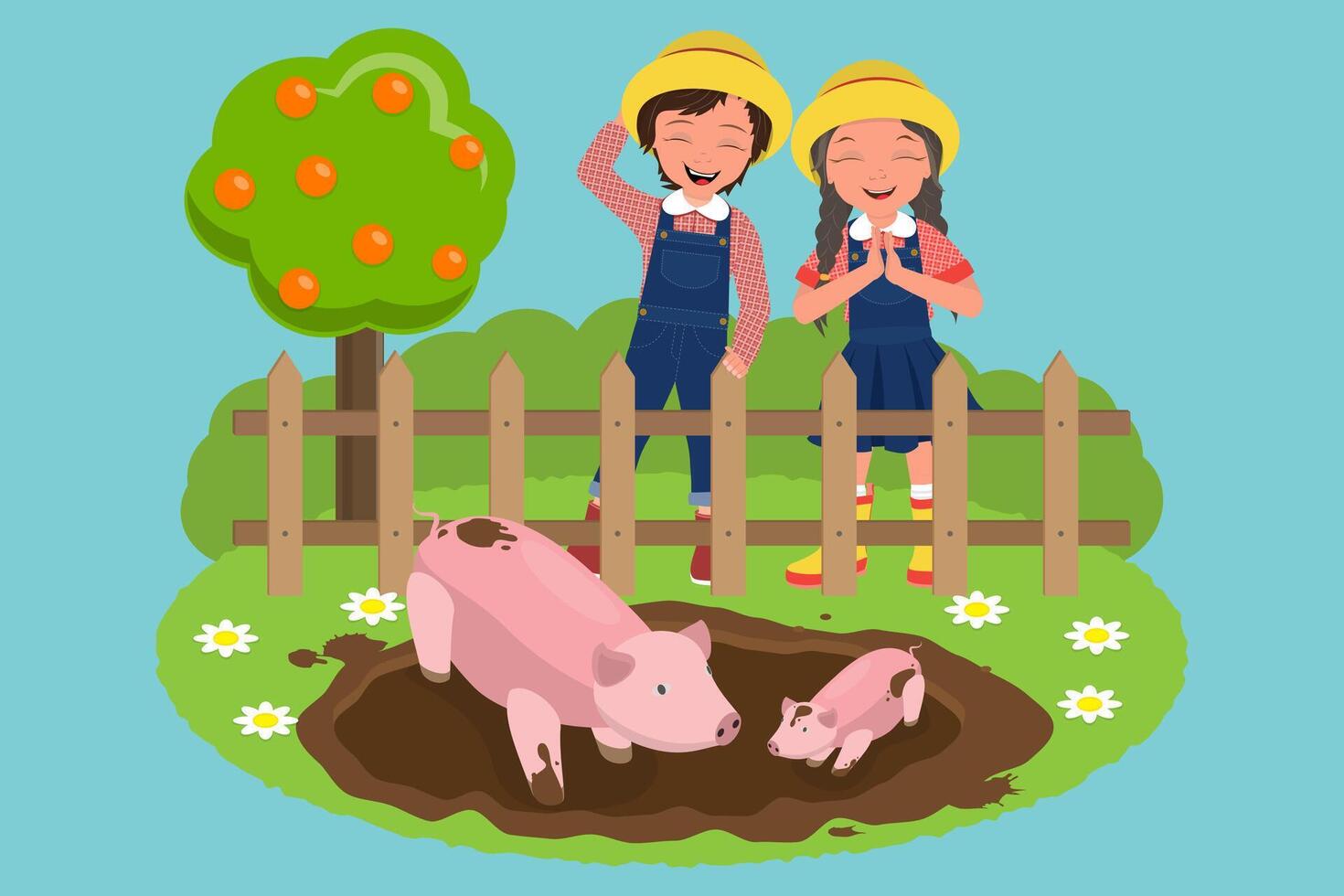 Flat Illustration of Happy Little Farmers, Kids Working in Farm vector