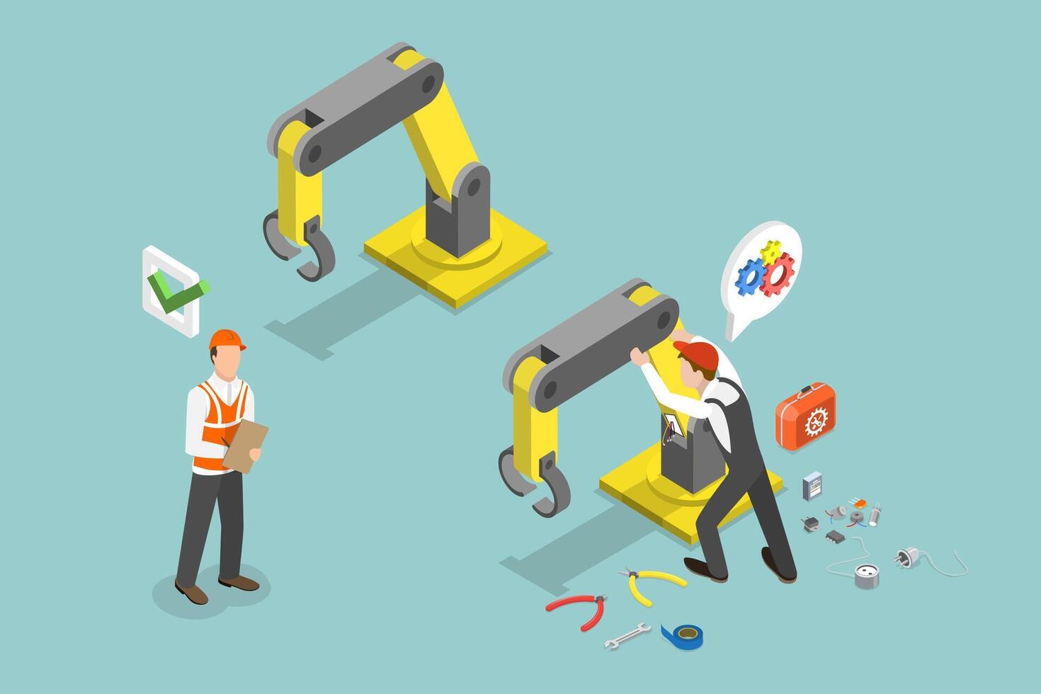 3D Isometric Flat Illustration of Machine Engineer, Fixing an Assembly Line with Robotic Arms vector