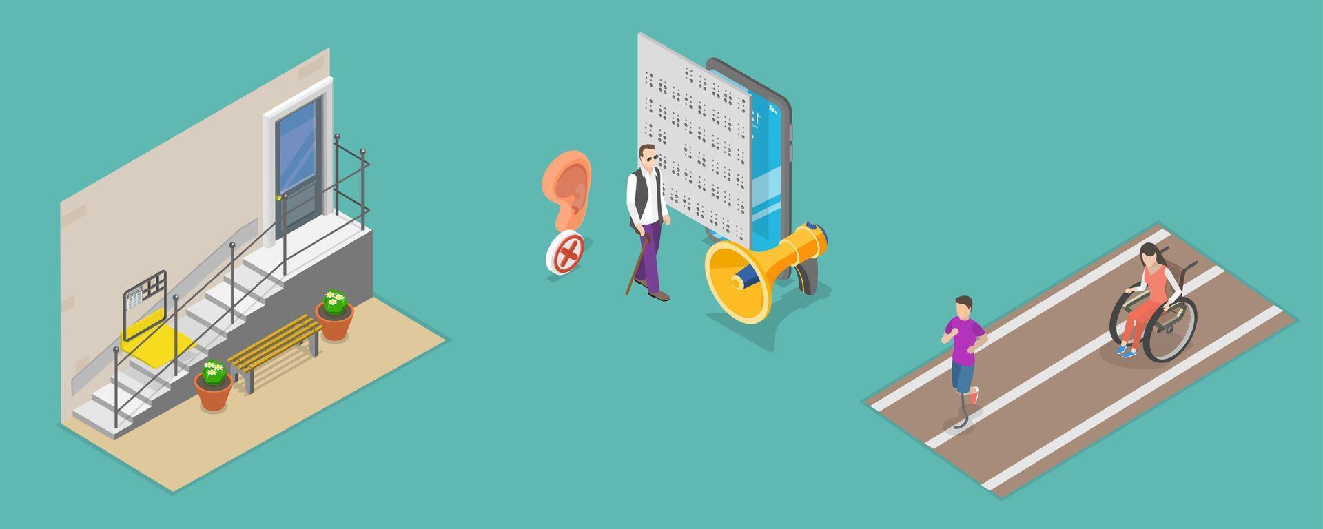 3D Isometric Flat Illustration of Disabled People In Social Environment, Accessible City Environment vector