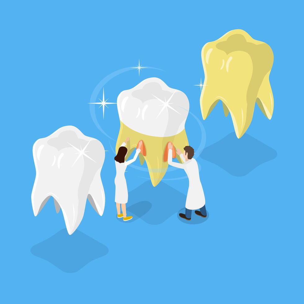 3D Isometric Flat Illustration of Teeth Whitening, Dental Plaque Removal Procedure vector