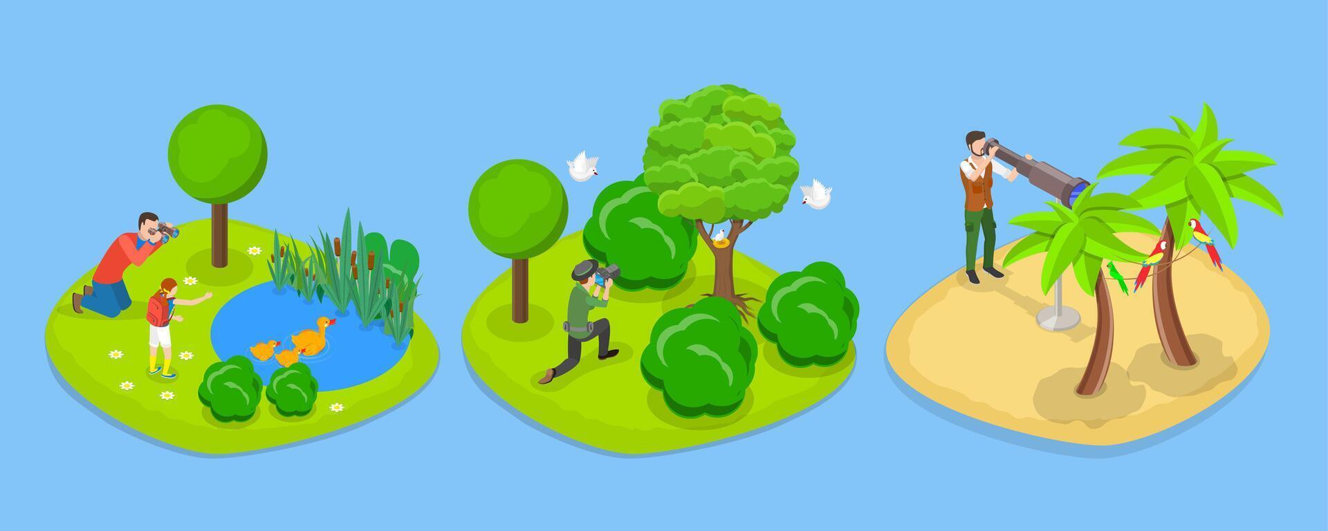 3D Isometric Flat Illustration of Ornithology, Birdwatching Hobby, Outdoor Activity vector