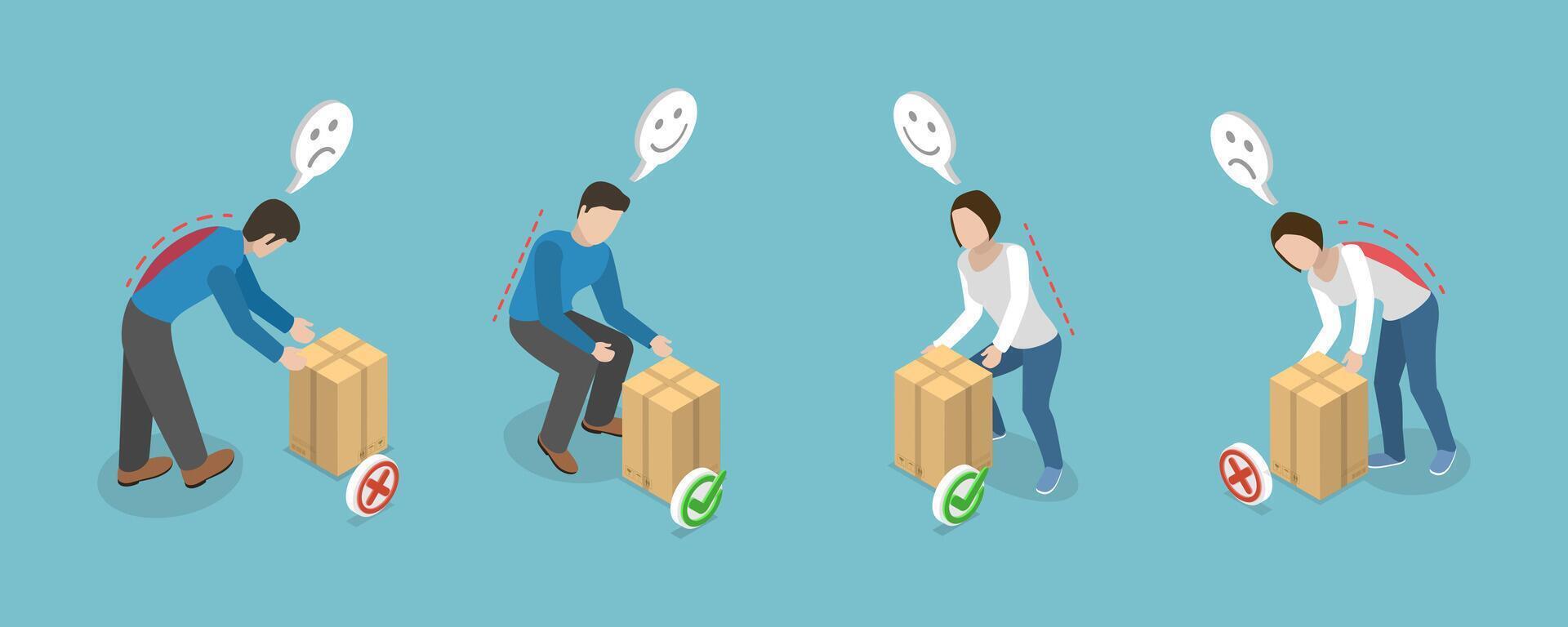 3D Isometric Flat Illustration of Posture While Weight Lifting, Correct and Incorrect Human Poses vector