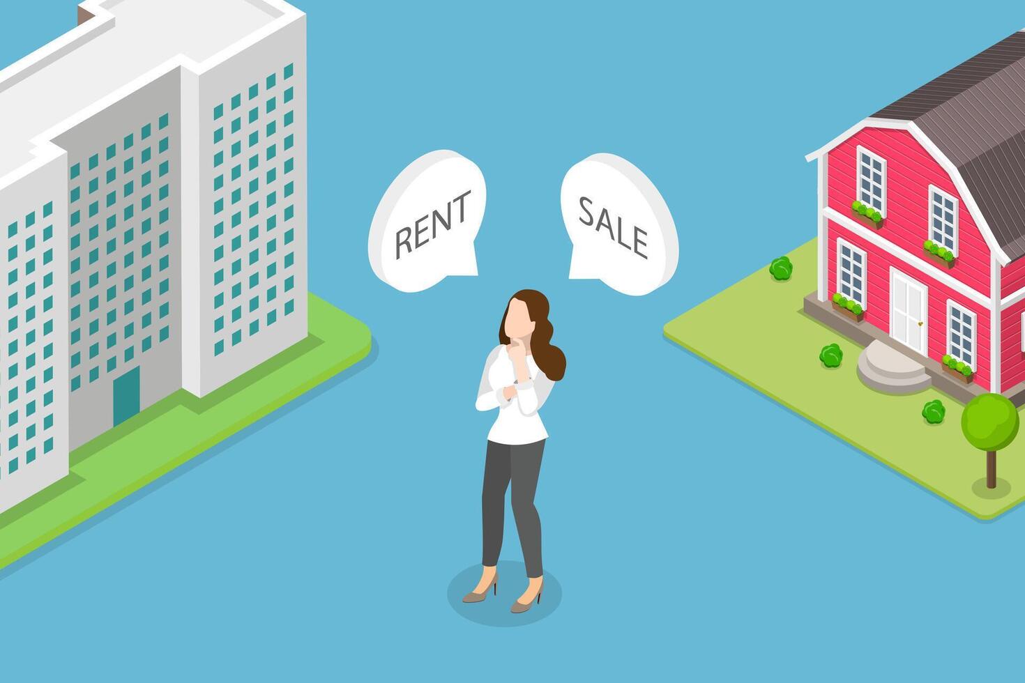 3D Isometric Flat Illustration of Rent Vs Sell Property, Making Decision vector