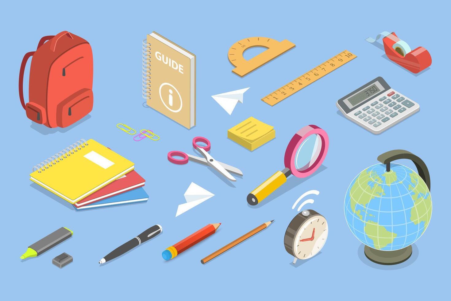 3D Isometric Flat Set of School Stationary, Items and Accessories for Education vector