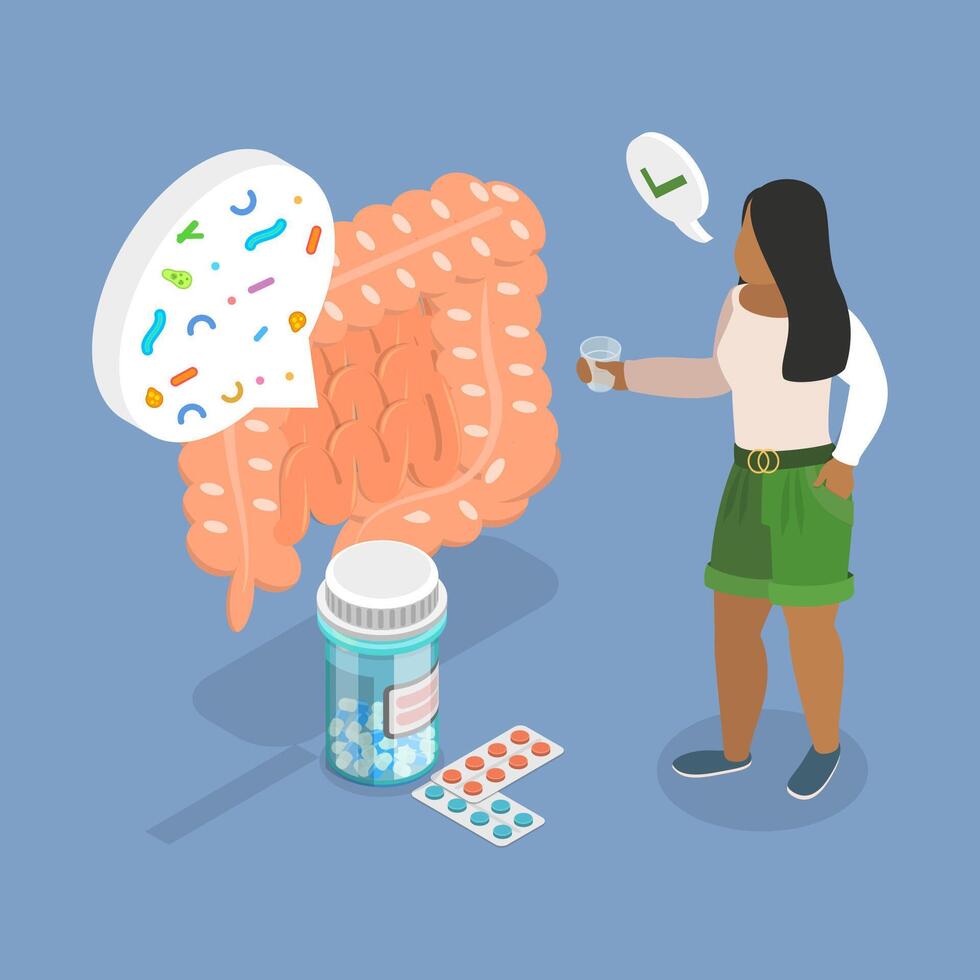 3D Isometric Flat Illustration of Probiotic Health Benefits, Human Flora Good Microorganisms vector