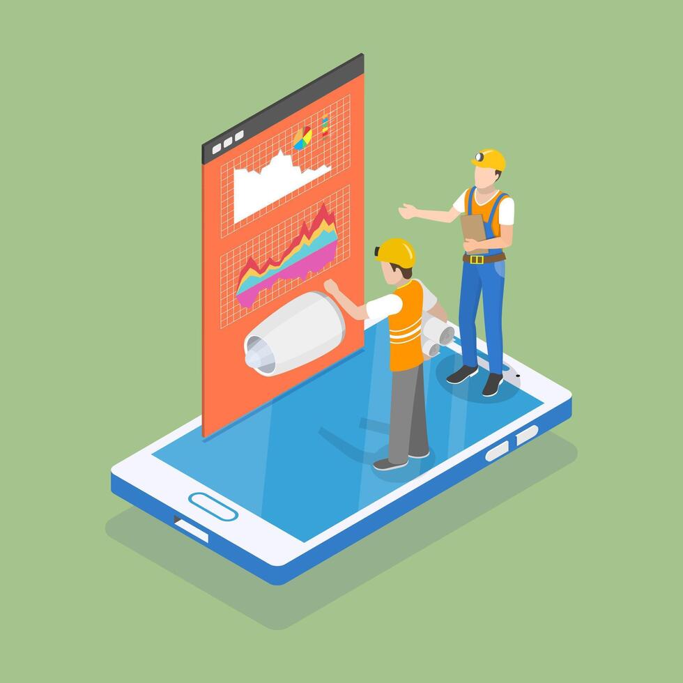 3D Isometric Flat Illustration of Aircraft Service, Repairing Airplane Engine vector
