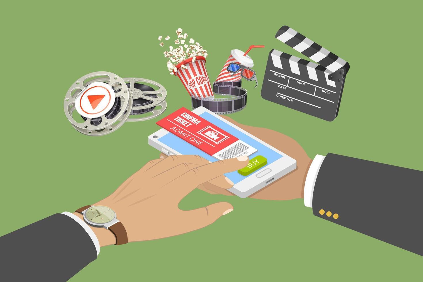 3D Isometric Flat Illustration of Online Cinema Ticket Order, Mobile Movie Theater vector