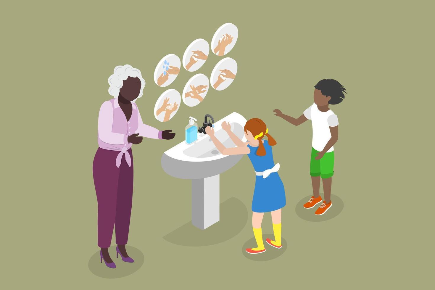 3D Isometric Flat Illustration of Washing Hands Teaching, Preventing Virus and Infection vector