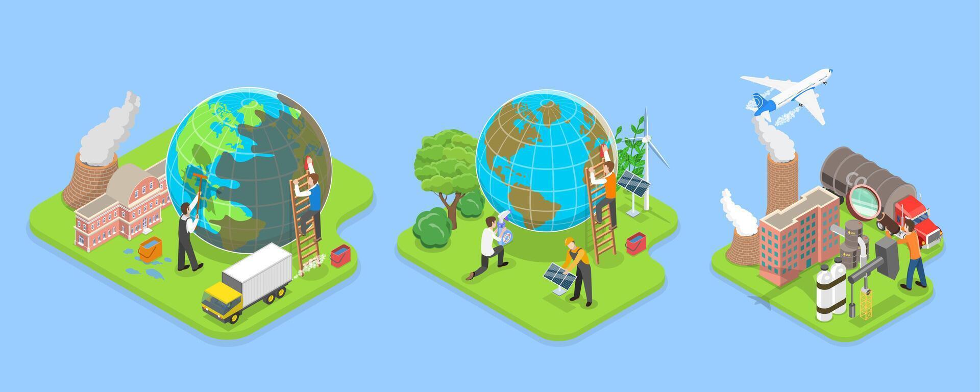 3D Isometric Flat Illustration of Carbon Footprint Reduction , Net Zero Emissions and Carbon Dioxide Neutral Balance vector