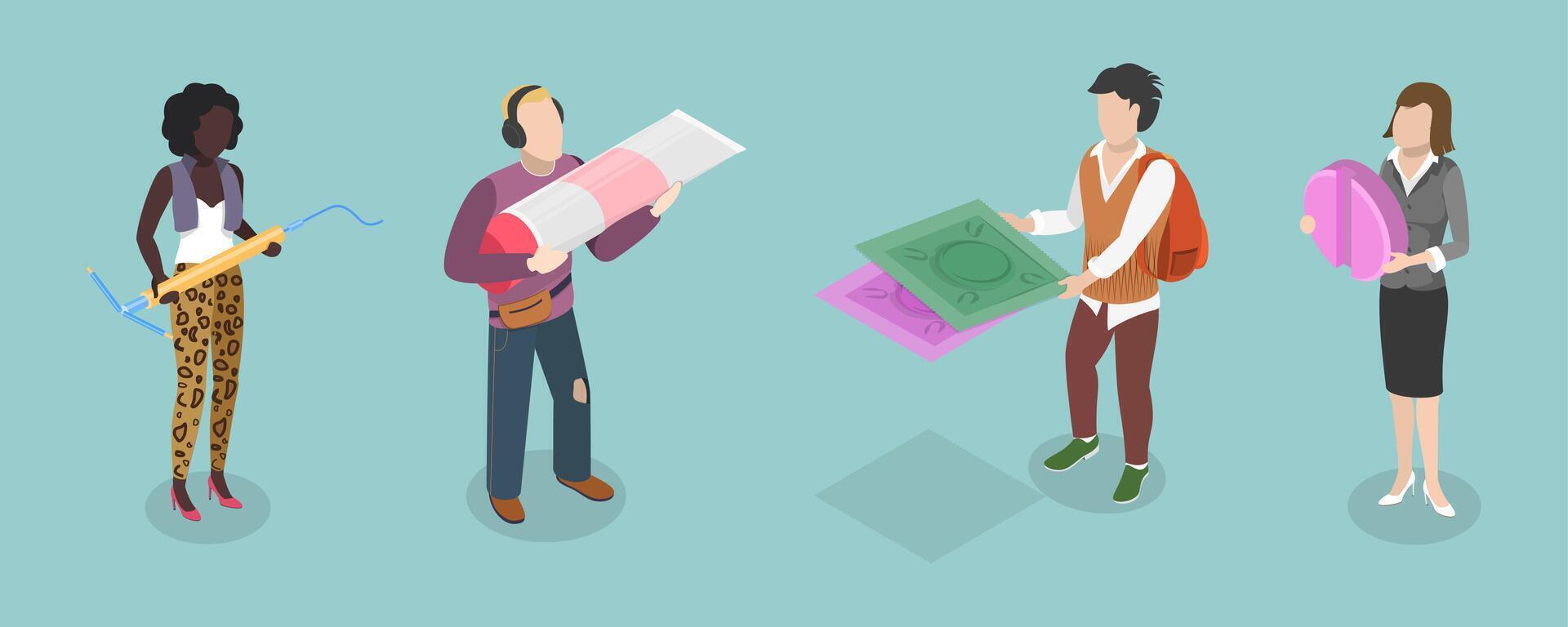 3D Isometric Flat Illustration of Contraception, Birth Control Methods and Options vector