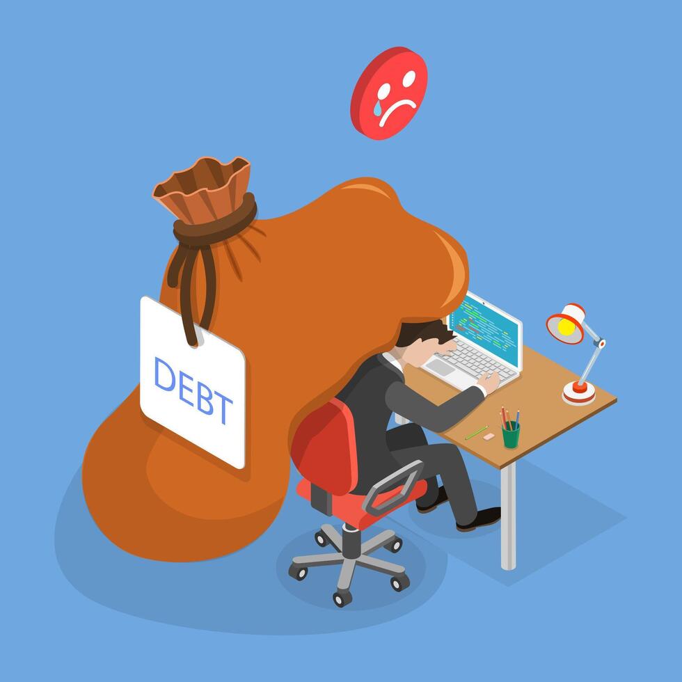 3D Isometric Flat Illustration of Finance Debt, Pressured Office Worker, Unpaid Loan vector