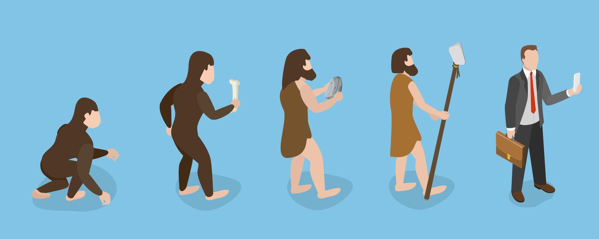 3D Isometric Flat Illustration of Darwin Theory, Human Evolution vector