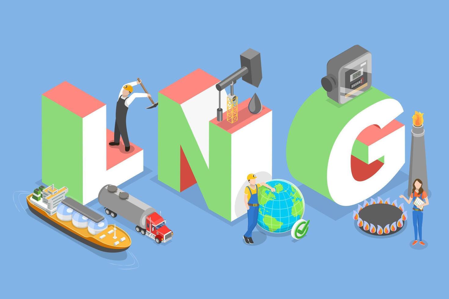 3D Isometric Flat Illustration of LNG, Liquefied Natural Gas vector
