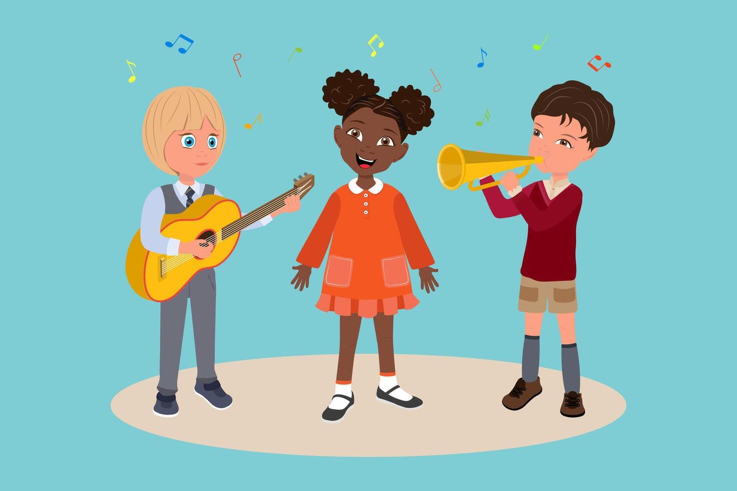 Flat Illustration of Talanted Children, Happy Kids Singing and Playing Classic Musical Instruments vector