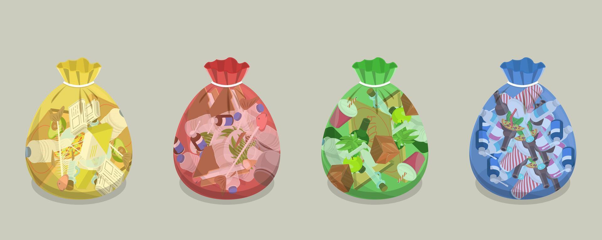 3D Isometric Flat Illustration of Transparent Trash Bags, Waste Separation vector
