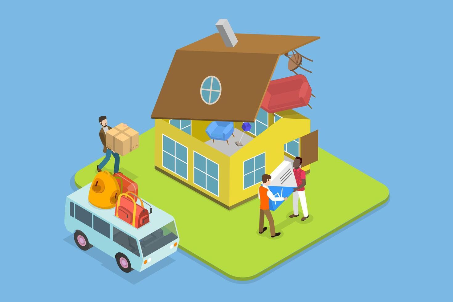 3D Isometric Flat Illustration of Moving Home, Relocated to a New House vector