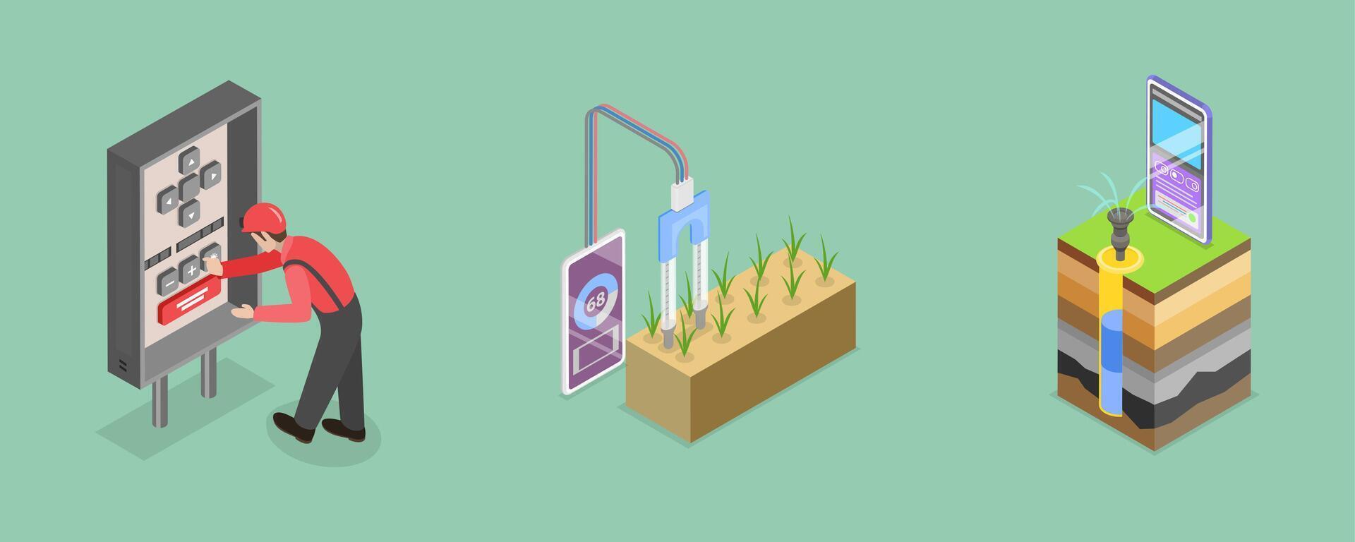 3D Isometric Flat Illustration of Irrigation System Components, Soil Moisture Control vector