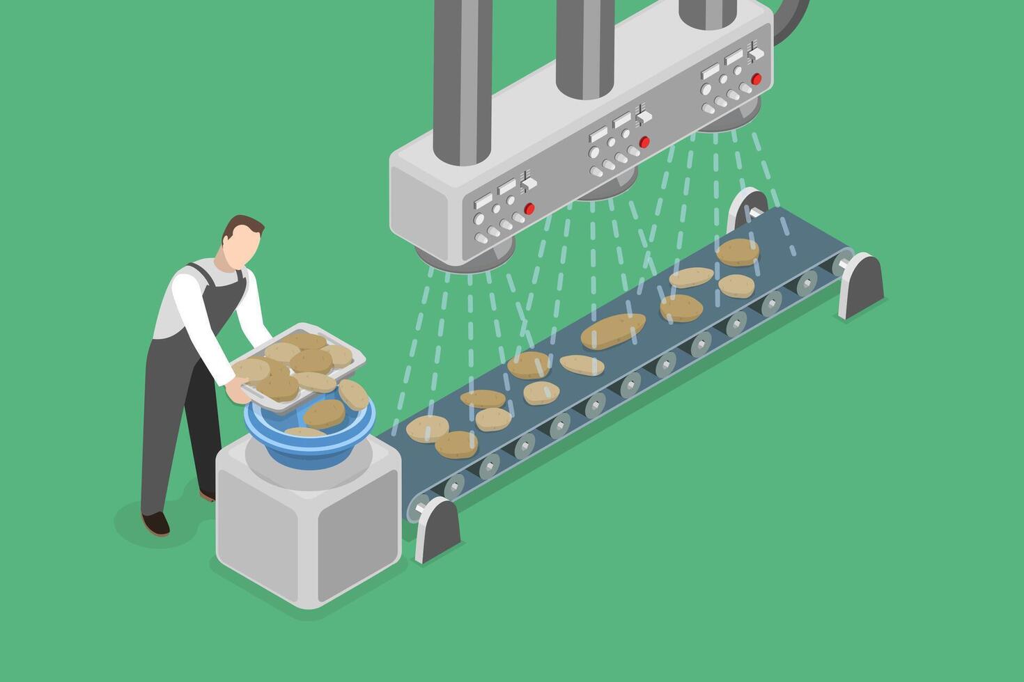 3D Isometric Flat Illustration of Potato Chips Manufacturing Process, Assembling Line on Plant vector