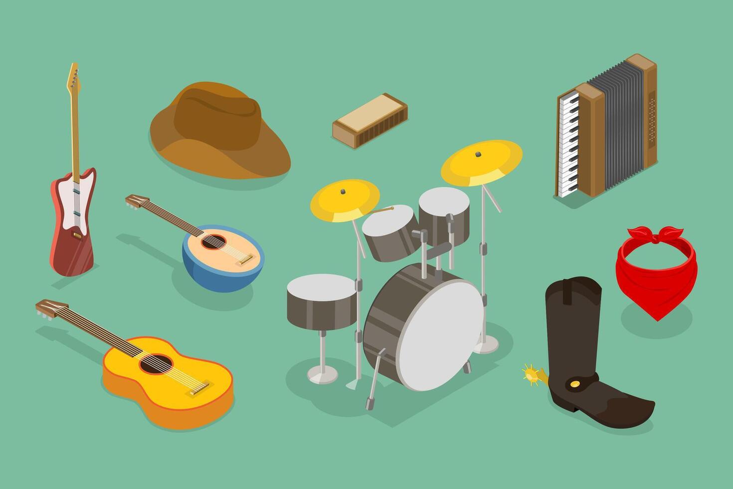 3D Isometric Flat Set of Country Music, Cowboy Party vector