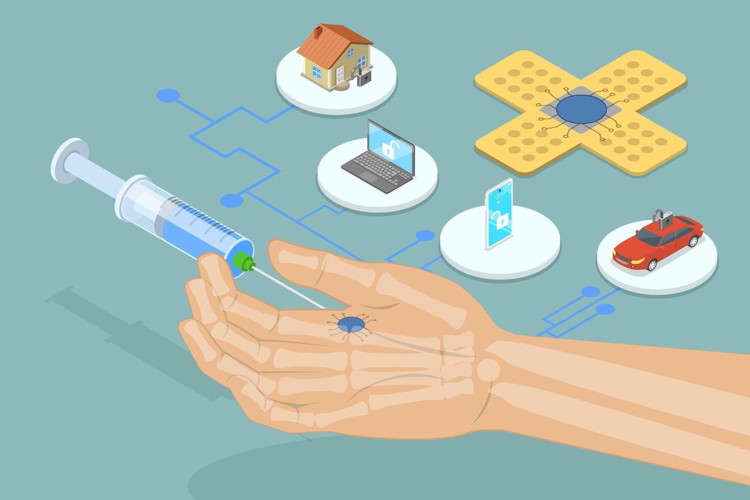 3D Isometric Flat Illustration of Human Microchip Implant, NFC or RFID Technology vector