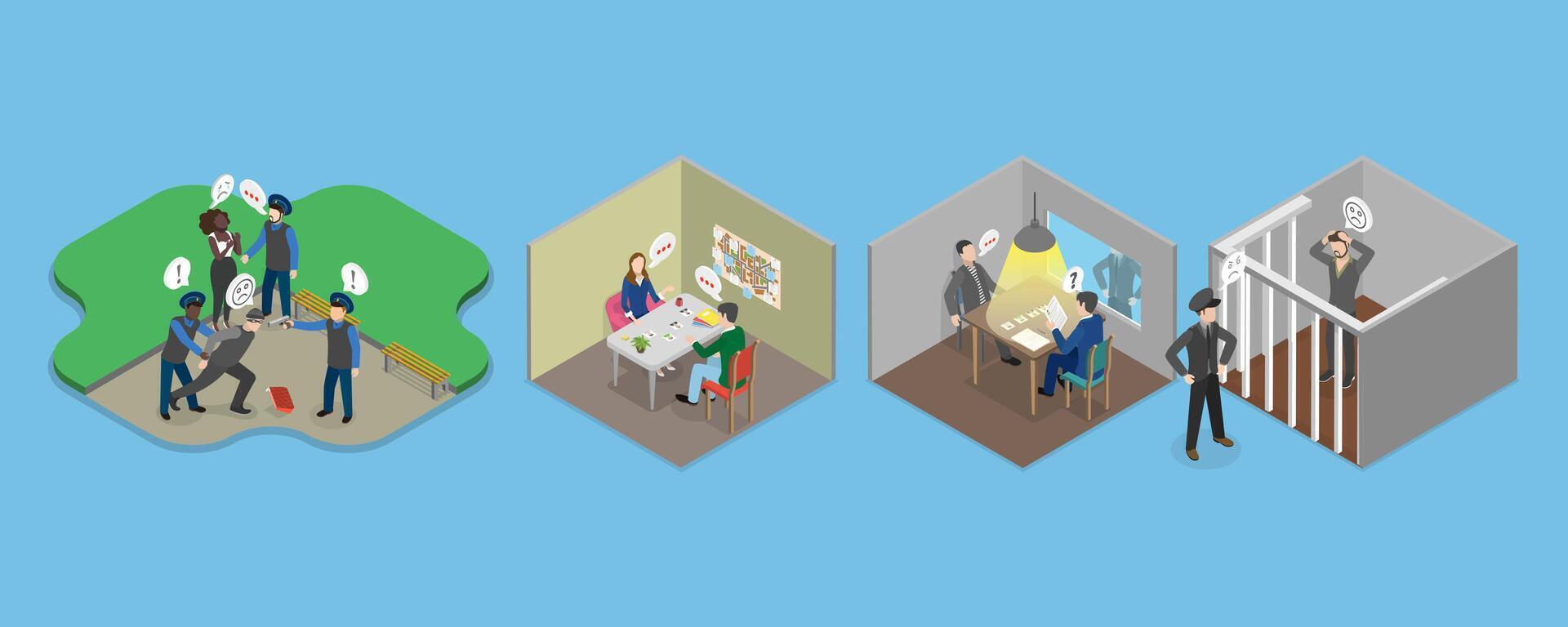 3D Isometric Flat Set of Police Work Scenes, Law and Justice Service vector