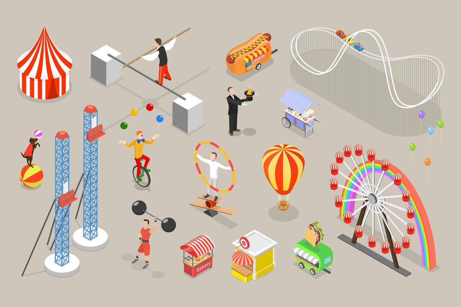 3D Isometric Flat Set of Circus Attributes, Street Performer Items and Characters vector