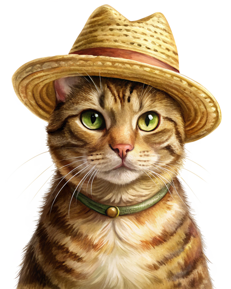 Summer Spirit Tabby Cat in Straw Hat Transparent png