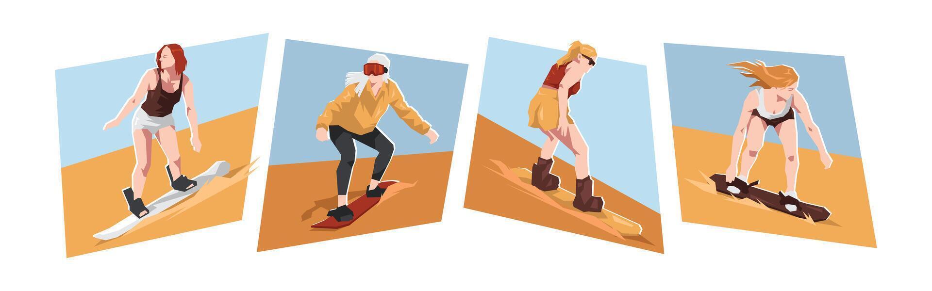 Female sandboarding player characters set. Flat cartoon illustration. vector