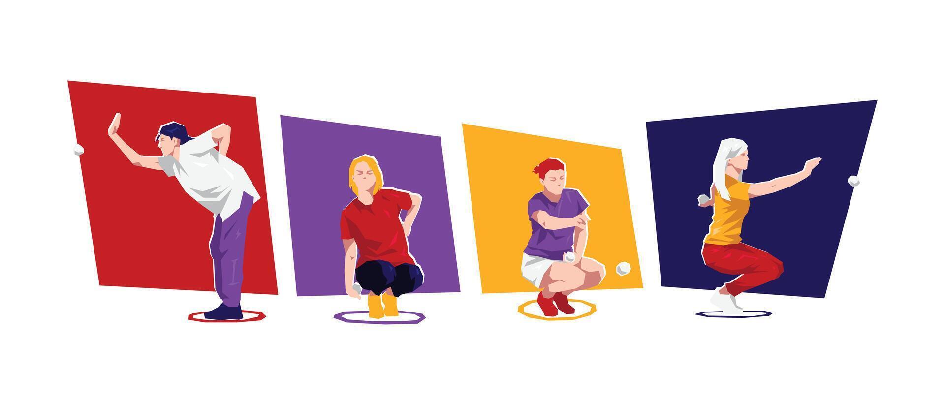 Female petanque player characters set. Flat cartoon illustration. vector