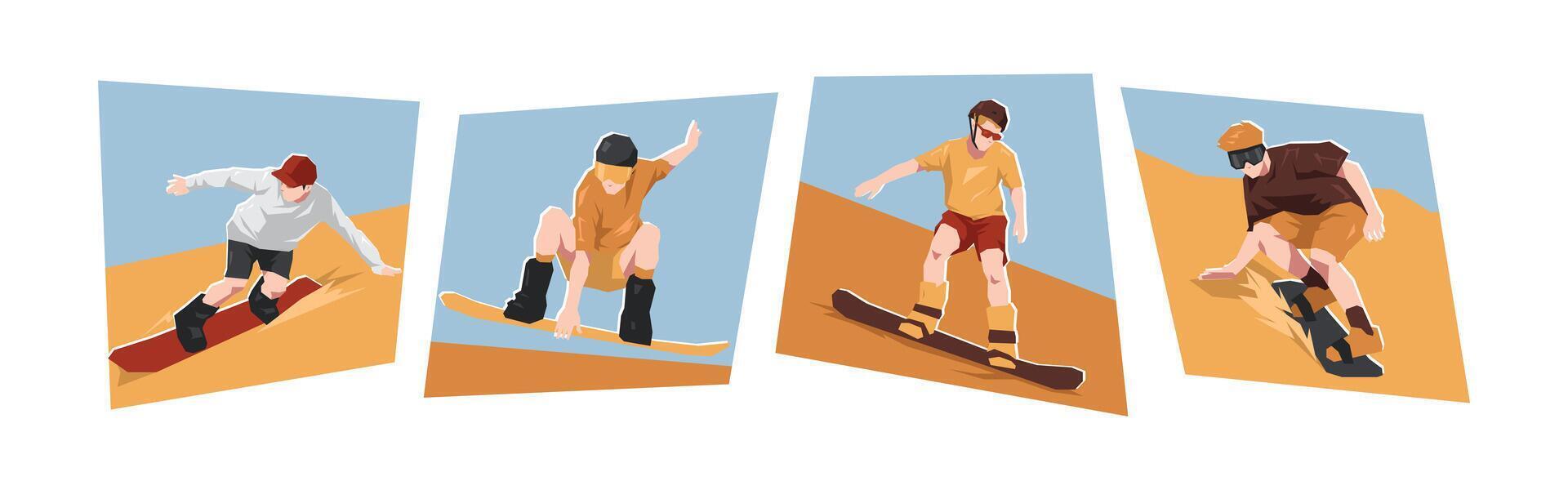 Male sandboarding player characters set. Flat cartoon illustration. vector