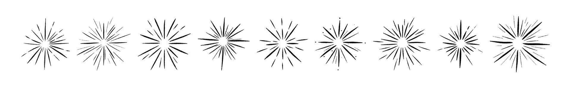 Doodle line burst shine effect. Hand-drawn sun star ray graphic elements. Flat illustration isolated on white background. vector