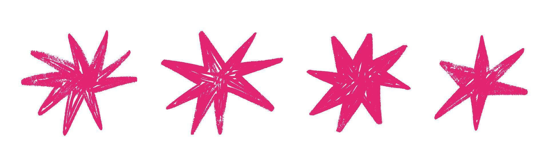 Shape elements, abstract. Graphic pink stars among scribble doodles, color collage. Flat illustrations isolated on white vector