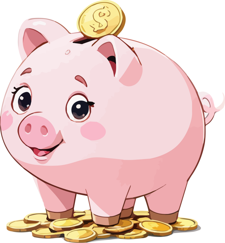 Piggy Bank with Savings Coins Around It Transparent png