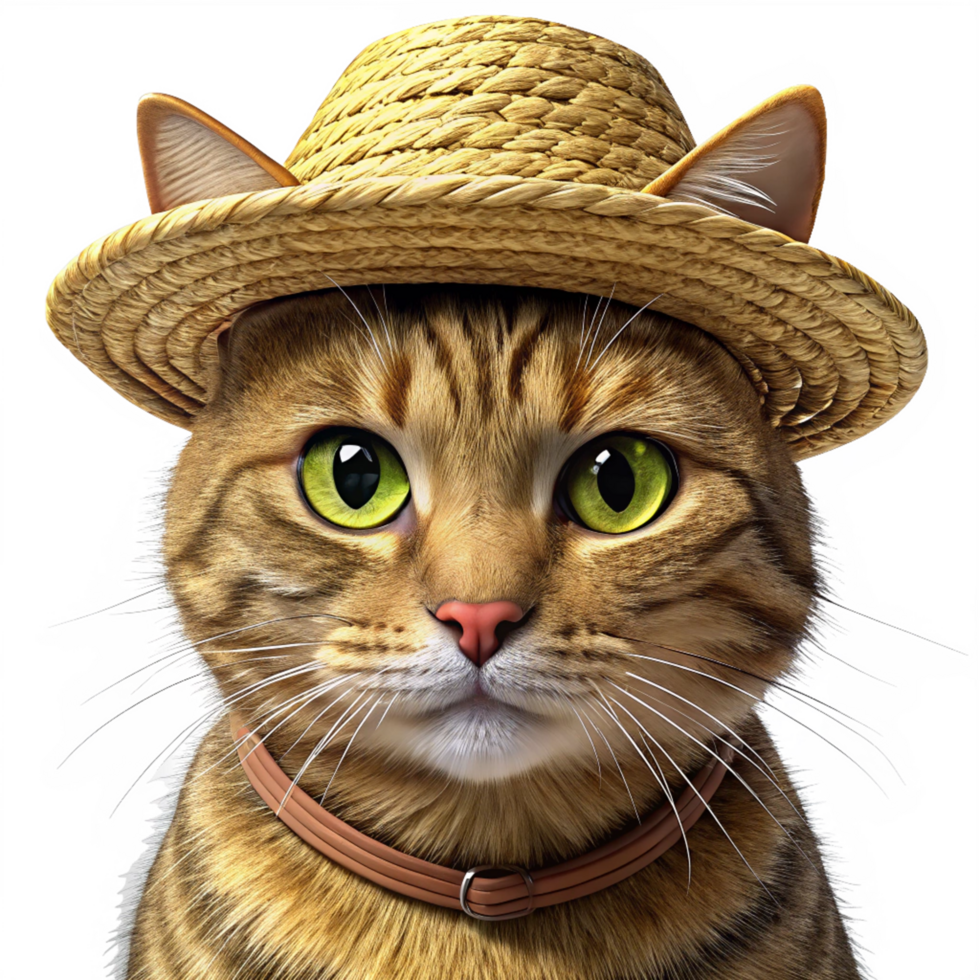 Sun Ready Tabby Cat in Straw Hat Transparent png