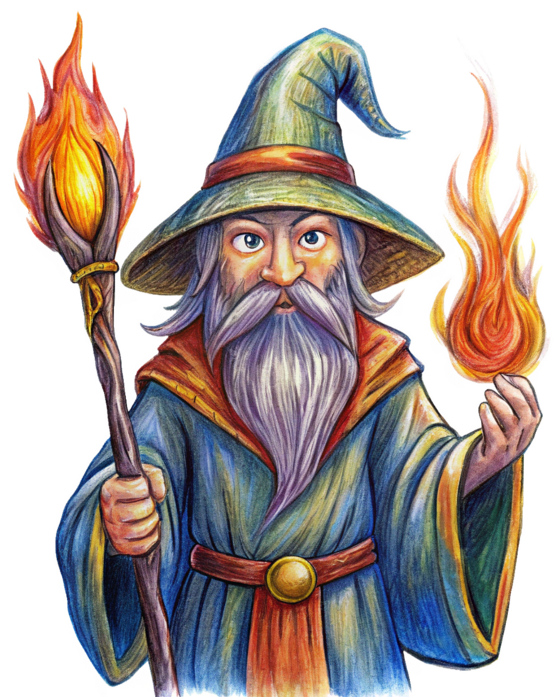 Cartoon Style Magical Wizard Casting Fire Transparent Background png