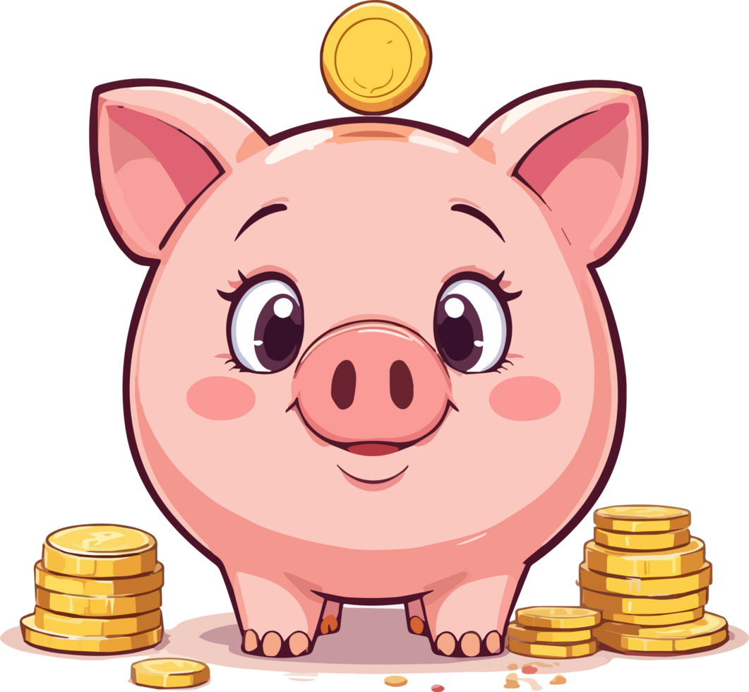 Piggy Bank with Flying Gold Coins Cartoon Style Transparent png
